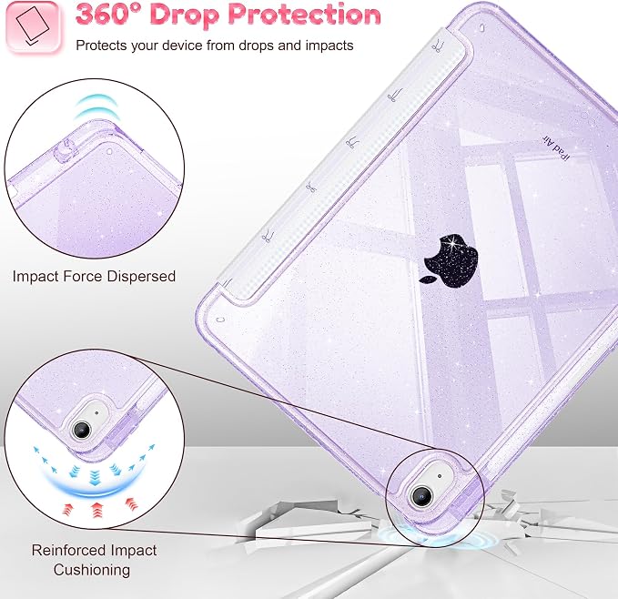 for iPad Air 11 inch M4/M3/M2 (2026/2025/2024) iPad Air 5th/4th Gen (2022/2020) 10.9 inch with Pencil Holder Glitter Clear Pretevtive Cover Auto Wake/Sleep Black Cartoon Stickers