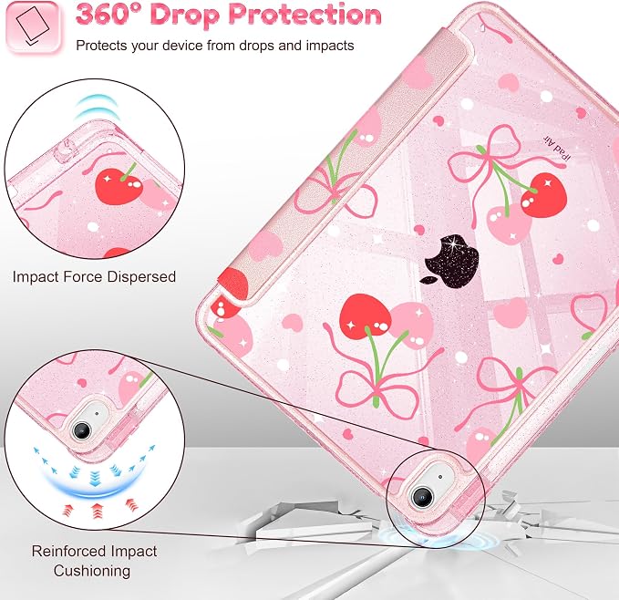 for iPad Air 11 inch M4/M3/M2 (2026/2025/2024) iPad Air 5th/4th Gen (2022/2020) 10.9 inch with Pencil Holder Glitter Clear Pretevtive Cover Auto Wake/Sleep Black Cartoon Stickers