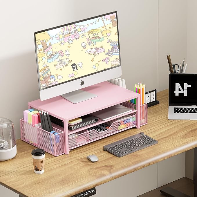 Desk Organizers and Accessories, 2-Tier Computer Monitor Stand Riser with Drawer and 2 Pen Holders, Laptop Stand, Office Desk Accessories for Office Supplies, Pink