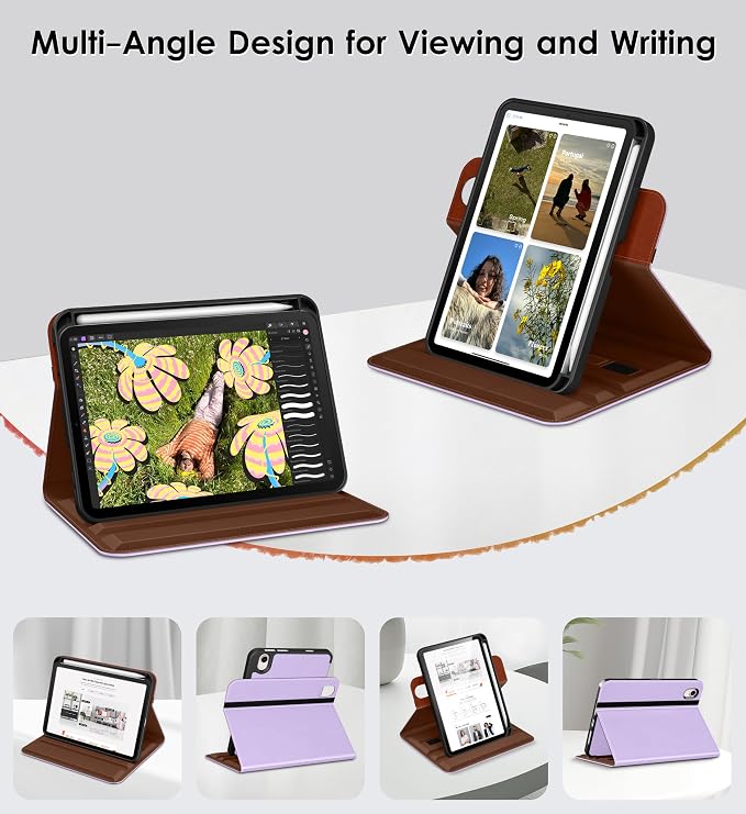 DTTO for iPad mini 7 A17 Pro 2024 aslo fit iPad mini 6 2021 Brown | 360 Degree Rotating Premium Faux Leather Folio Stand Cover with Pencil Holder Auto Sleep/Wake Multiple Angles Hand Strap