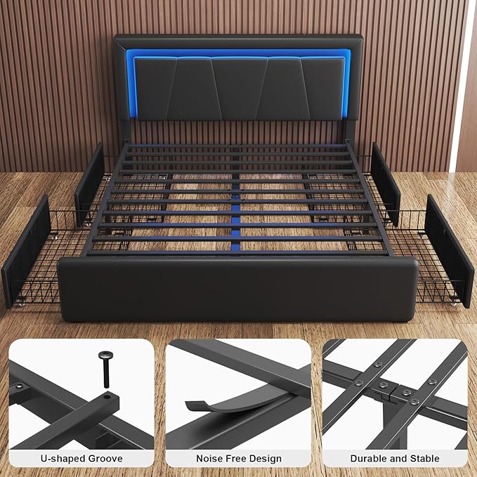 Queen Size Bed Frame with 4 Storage Drawers and LED Lights, Upholstered Platform Bed with Adjustable Headboard and Charging Station, Metal Slats Support, No Box Spring Needed,Easy Assembly, Black