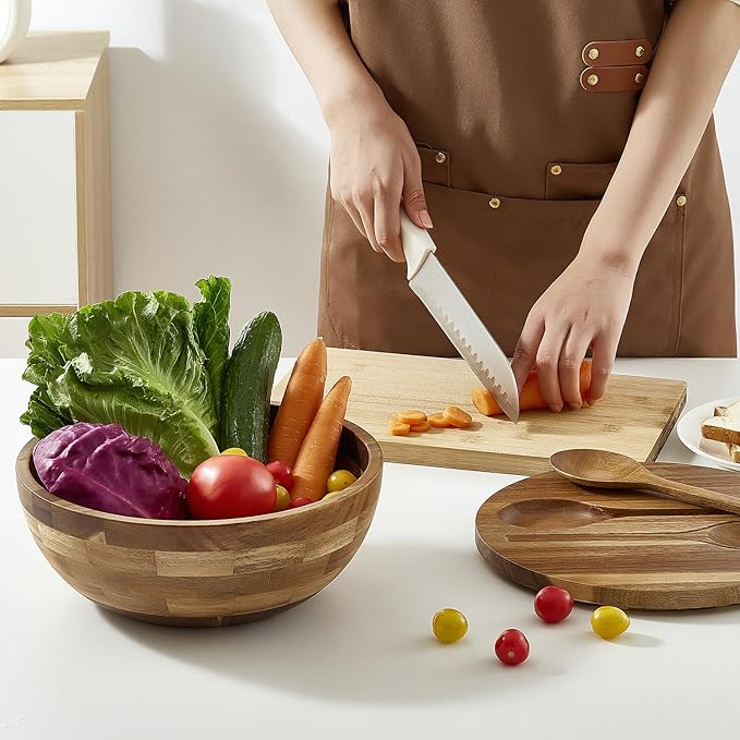 Acacia Wooden Salad Bowl with Lid, Built-in Acacia Wood Utensils, 10.5" Large Wood Serving Bowls for Fruits, Salad, and Vegetables, Big Wood Salad Bowls Set 4-Piece, All-in-One Design