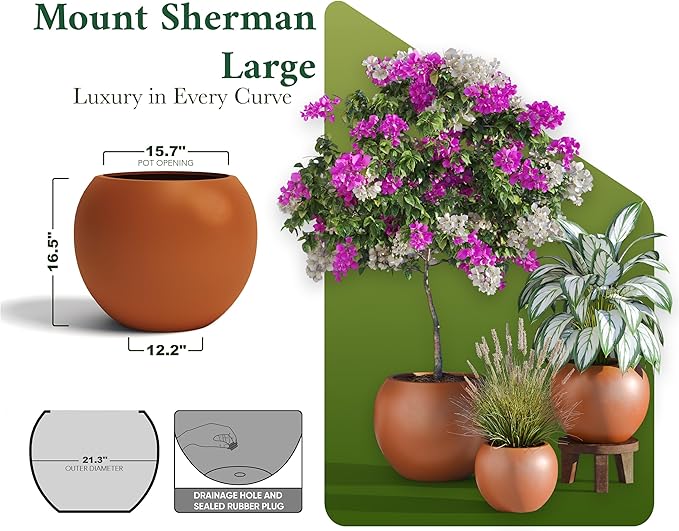 DTY Signature Mount Sherman Modern Indoor Outdoor Fiberstone Sphere Planter, Durable Round Garden Pot, Weather Resistant, Drainage Hole & Rubber Plug, Planter for Christmas Tree - Large, Terracotta