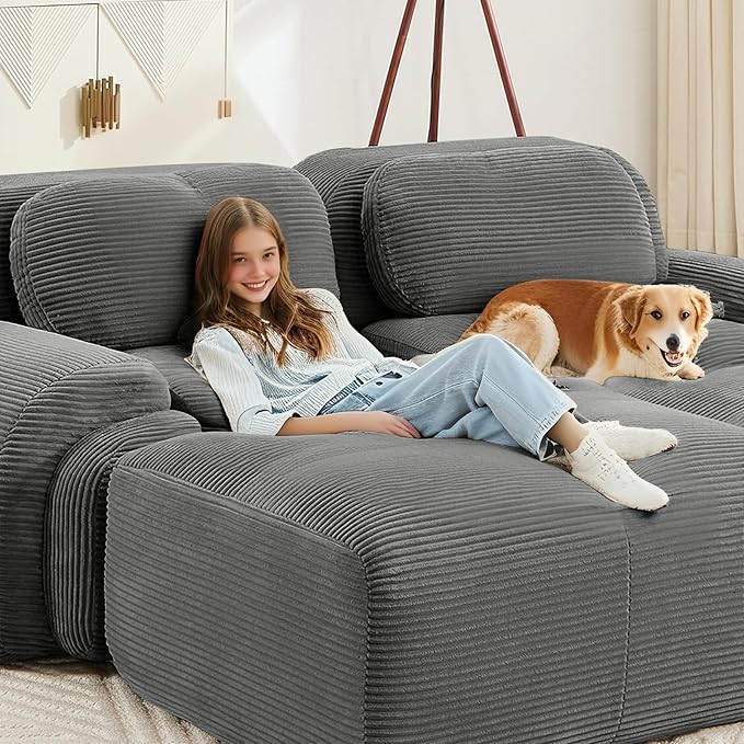 152" Modern Compressed Boneless Couch with Ottoman, 4 Seater Large U Shaped Sectional Couches for Living Room, Gray Corduroy Cloud Modular Sectional Sofa, Memory Foam, Extra Deep, No Assembly