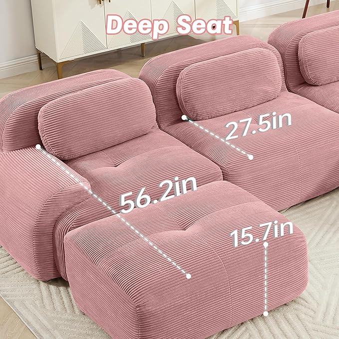 152" Modern Corduroy Cloud Sofa, Boneless Modular Large Sectional Couches for Living Room, Pink 4 Seater Compressed Memory Foam Couch, Extra Deep Seat, No Assembly