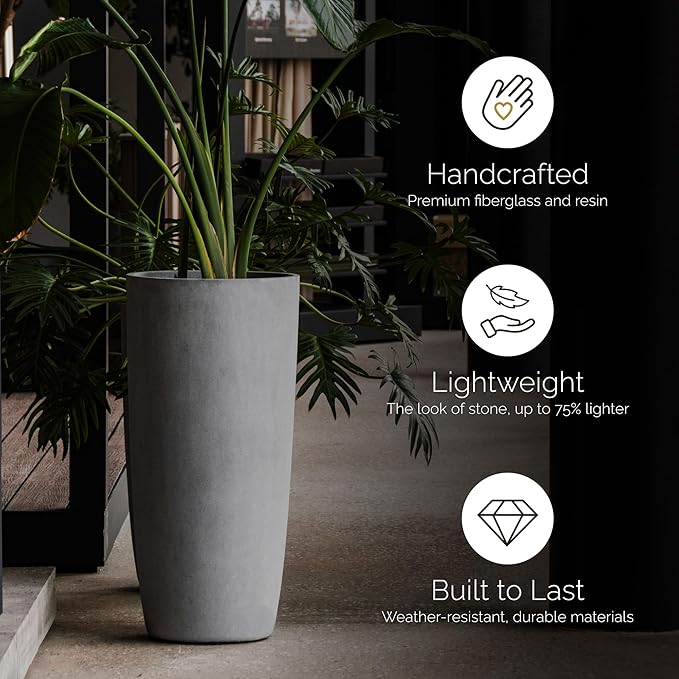 Lofto Tall Planter – Sand Stone Finish – Fiberglass Indoor/Outdoor and Weather-Resistant Large Planter (19.7" D x 43.7" H Exterior, 18.5" D x 43.3" H Interior)