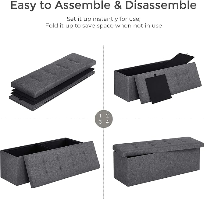 SONGMICS 43 Inches Folding Storage Ottoman Bench, Set of 2, Storage Chest, Foot Rest Stool, Bedroom Bench with Storage, Dark Gray, ULSF431G01