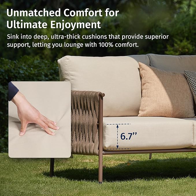 East Oak 4-Piece Patio Furniture Set | Life Chatter Outdoor Furniture | Coffee Table & Deep Seating Conversation Set with Thick Cushions | Porch, Balcony & Backyard | Chestnut & Apricot
