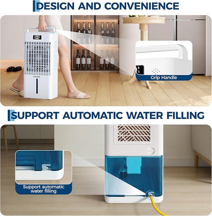 Portable Evaporative Air Cooler, 2.6Gal Touch Screen Cooler Fan with Remote Control, 6 Speeds 3 Modes LED Display, Quiet 3-in-1 Cooling, Ice Packs & Rolling Casters Included, for Bedroom Home Office