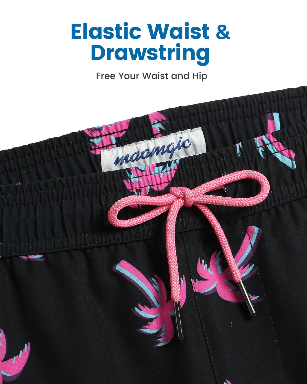 maamgic Mens Swim Trunks with Compression Liner 5 Inch, Quick Dry Bathing Suit with Zipper Pockets, Stretch No-Chafing Swim Shorts, Pink-Black Coconut Tree X-Large