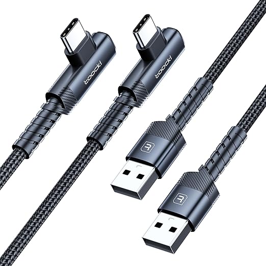 toocki USB C Cable Right Angle 2-Pack 10ft USB A to USB C Charger Cable | Black 90 Degree Braided Fast Charging Carpaly Cord for iPhone17 Series Samsung Galaxy S25/ S24+/Note 10 LG V30 Switch