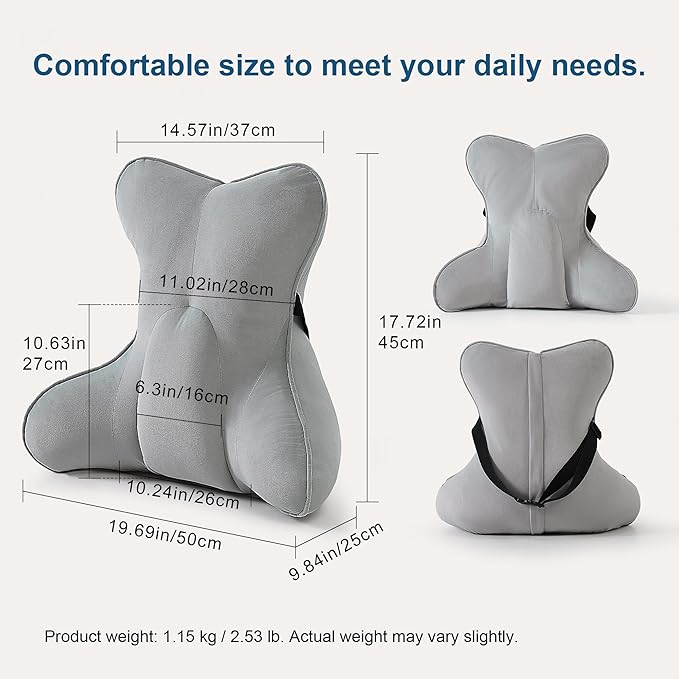 Lumbar Support Pillow(Pat. Pend) – Multi-Functional Ergonomic Back Cushion for Office Chair, Car Seat & Sofa, Reading Pillow with Firm Multi-Zone Support to Relieve Lower Back Pain,Zinc Gray