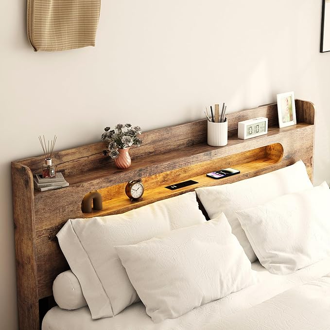 Full Size Wooden Bed Frame, Storage Headboard with Charging Station & Led Lights, Rustic Farmhouse Sturdy Framework Wood Bedframe, Easy Assembly (Brown Led)