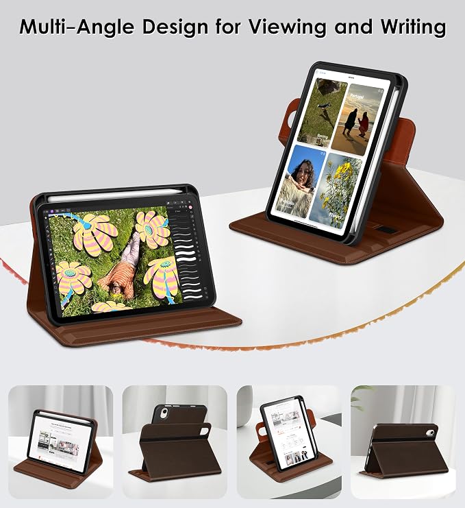 DTTO for iPad mini 7 A17 Pro 2024 aslo fit iPad mini 6 2021 Dark Brown | 360 Degree Rotating Premium Faux Leather Folio Stand Cover with Pencil Holder Auto Sleep/Wake Multiple Angles Hand Strap