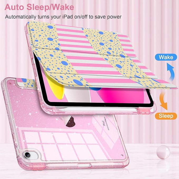 MEEgoodo Case for iPad A16 11th Generation 2025/10th Generation 2022 Glitter Tablet Cases with Transparent Acrylic Back+Trifold Stand +Pencil Holder+Auto Wake/SleepAbstract Sun &amp Palm Tree