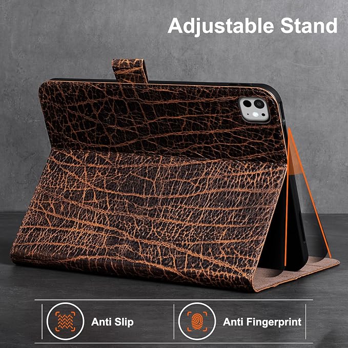 Gexmil Leather Case for iPad Pro 13 Inch M5/M4 2025/2024Crocodile Brown | Genuine Leather Cover with Magnetic ClosureSmart Folio Auto Sleep/WakeProtective ShockproofAdjustable Stand