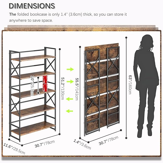 4NM Extra Wide 5 Tiers No Assembly Book Shelves, 51.2" H Folding Bookshelf Bookcase Open Industrial Foldable Shelves for Bedroom, Living Room, Home Office - Rustic Brown Black