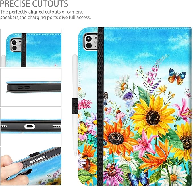 Case for iPad Air 13-inch M4/M3/M2 iPad Pro 12.9 6th/5th/4th/3rd Generation Case with Pencil Holder Multi-Angle Adjustable Stand Shockproof Pocket/Hand Strap/Auto Wake Sleep Sunflowers Butterfly