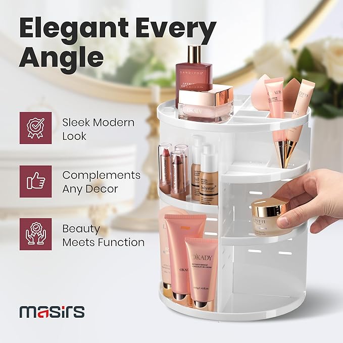 Masirs 360 Rotating Makeup Organizer - Adjustable Shelf Height and Fully Rotatable. The Perfect Cosmetic Organizer for Bedroom Dresser or Vanity Countertop. (White)