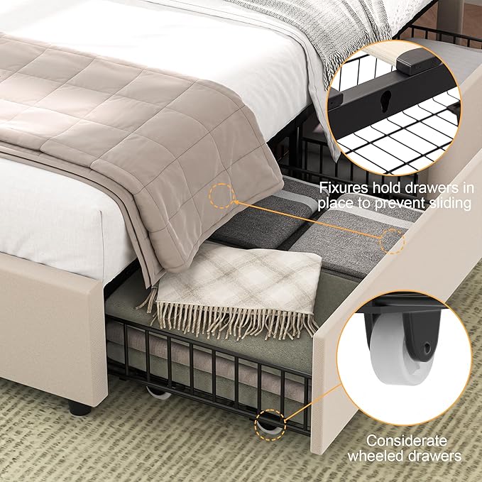 VECELO Queen Size Bed Frame with 4 Drawers, Adjustable Tufted Button Headboard, Upholstered Platform with Wood Slats Support, Built-in USB and Type C Ports, Beige