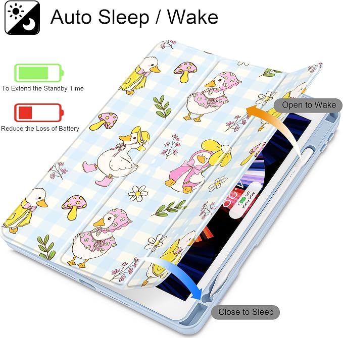 Case for iPad 9th/8th/7th Generation 10.2-Inch (2021/2020/2019 Release) with [Built-in Pencil Holder] Shockproof Cover with Clear Transparent Back Shell &amp Auto Wake/Sleep - Blue Bows