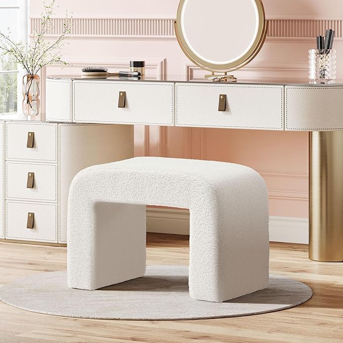 Tribesigns Foot Rest for Couch, Modern Faux Sherpa Ottoman Foot Stool, Large Boucle Vanity Stool Chair, Arched Shoe Bench or Entryway, Upholstered Extra Seating for Living Room, Fully Assembled, White