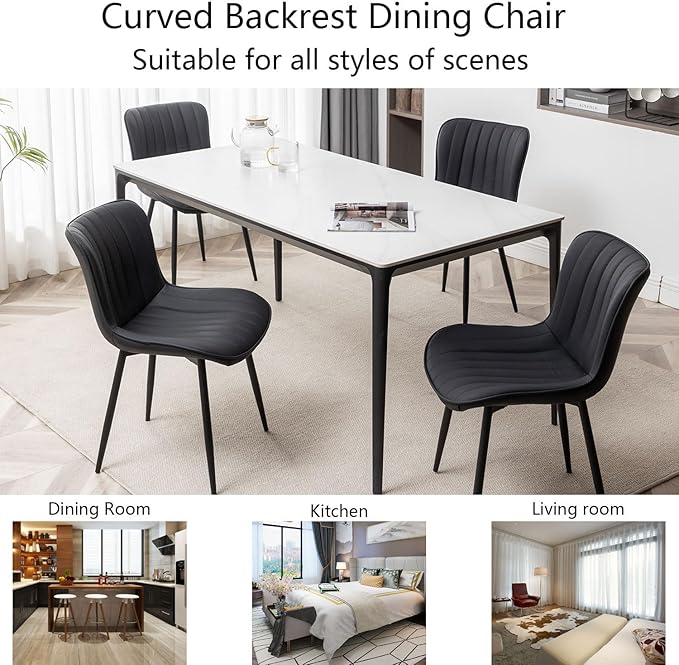 Leather Dining Chairs Set of 4, Upholstered Dining Room Chairs with Metal Legs, Modern Dining Chair for Dining Room, Kitchen (Black)