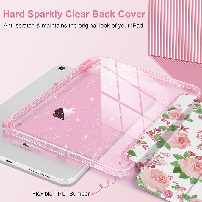 MEEgoodo Case for iPad A16 11th Generation 2025/10th Generation 2022 Glitter Tablet Cases with Transparent Acrylic Back+Trifold Stand +Pencil Holder+Auto Wake/SleepAbstract Sun &amp Palm Tree