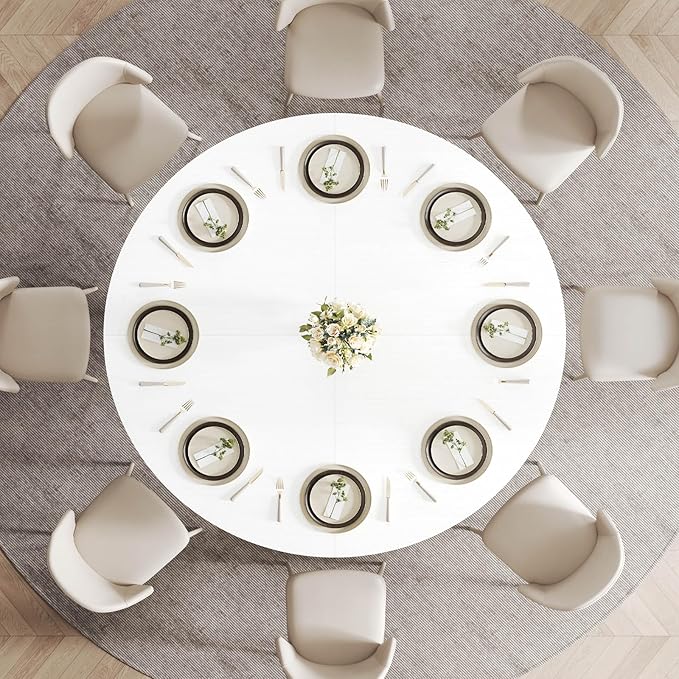 LVB Modern Round Dining Table, Wood Metal Kitchen Tables,Industrial Large Dinner Room Tables for 6 to 8, Circle Dining Room Table for Home Kitchen Living Room,White Oak,60 Inch