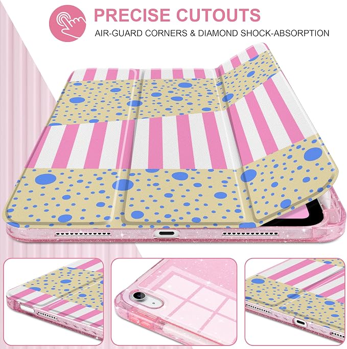 MEEgoodo Case for iPad A16 11th Generation 2025/10th Generation 2022 Glitter Tablet Cases with Transparent Acrylic Back+Trifold Stand +Pencil Holder+Auto Wake/SleepAbstract Sun &amp Palm Tree