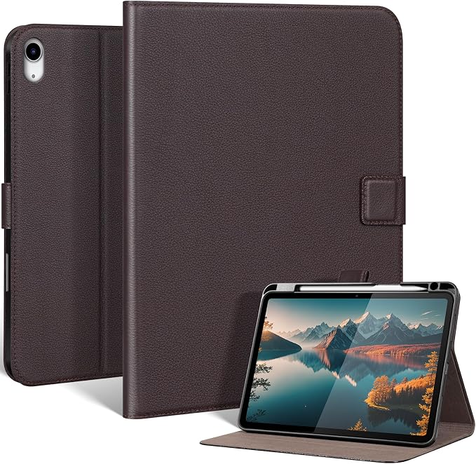 Leather Case for iPad 11th/10th Gen (11/10.9) Black | Genuine Leather Pencil Holder Adjustable Stand Magnetic Closure Auto Wake/Sleep