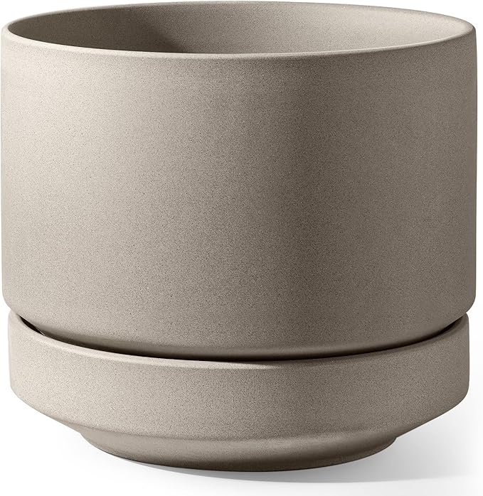 LE TAUCI 12 Inch Pots for Plants with Saucer | Ceramic Outdoor & Indoor Planter Pot for Plants | Drainage Hole, Mesh Pad & Plug | Unglazed Porous | Modern for Home, Office and Patio – Neutral Gray