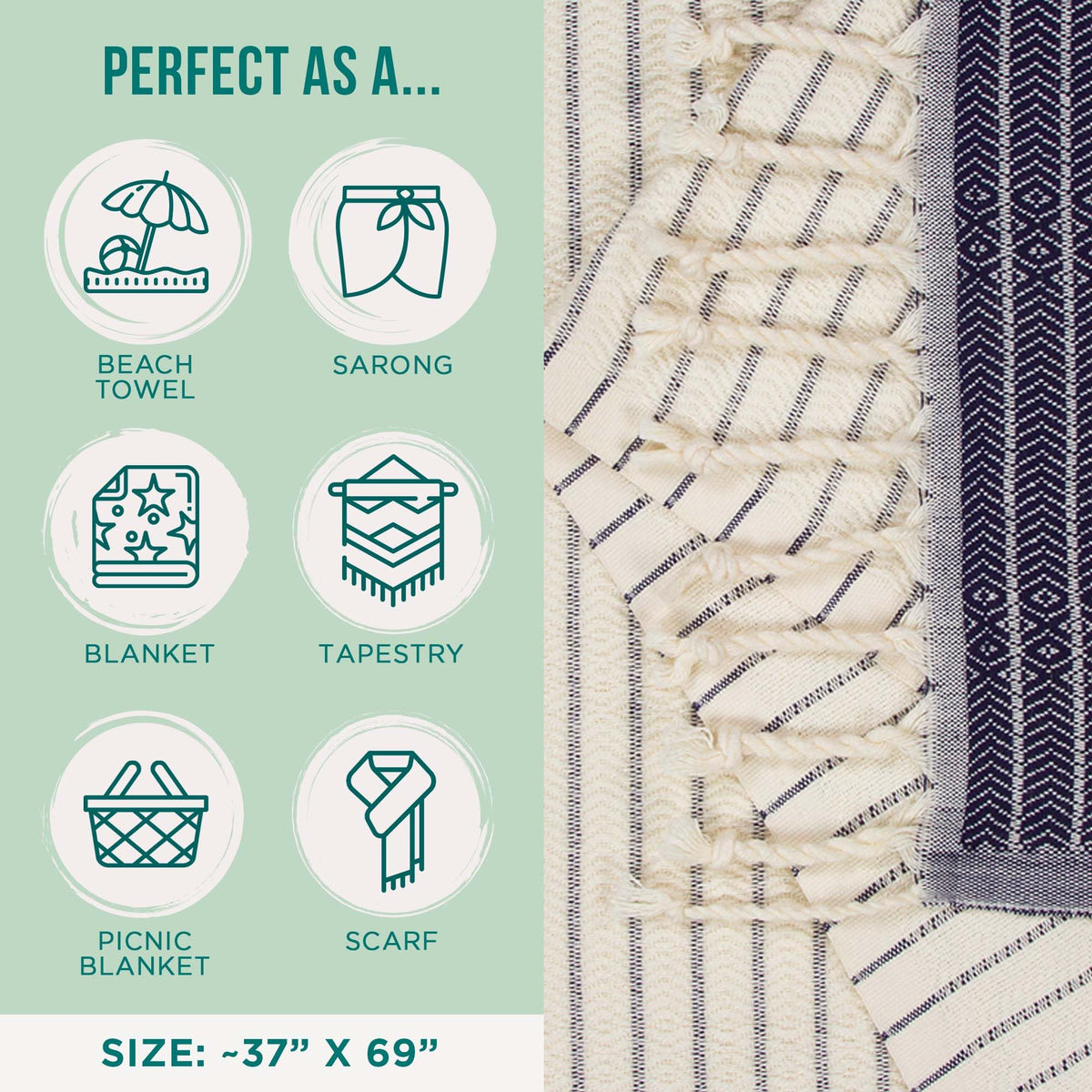 Sand Cloud Turkish Beach Towel - Sand Resistant - Fast Drying -100% Certified Organic Turkish Cotton Yarn - Great for Beach Bath or as a Blanket - As Seen on Shark Tank - Letoon (Navy)