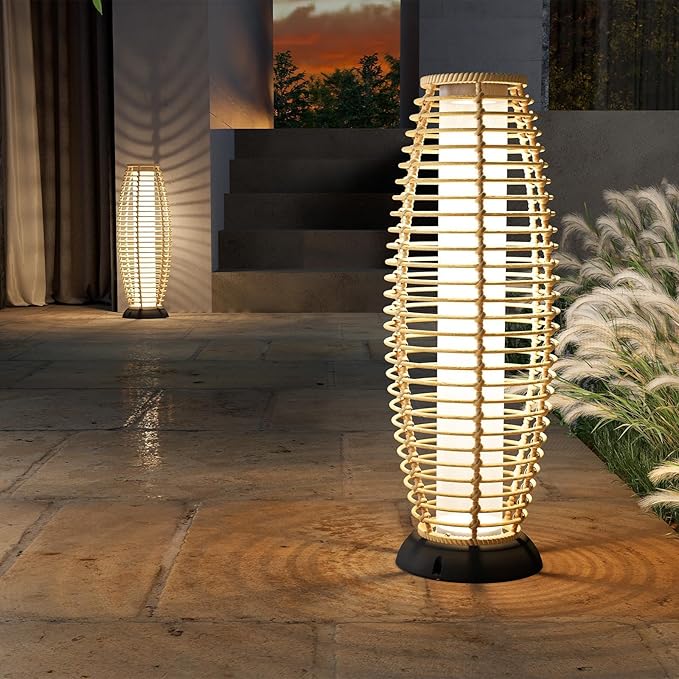 Solar Yard Outdoor Floor Lamp Patio Lights Solar Powered Lantern Weather-Resistant Wicker Deck Lights, Lamp Large for Garden (Austin Natural Brown)