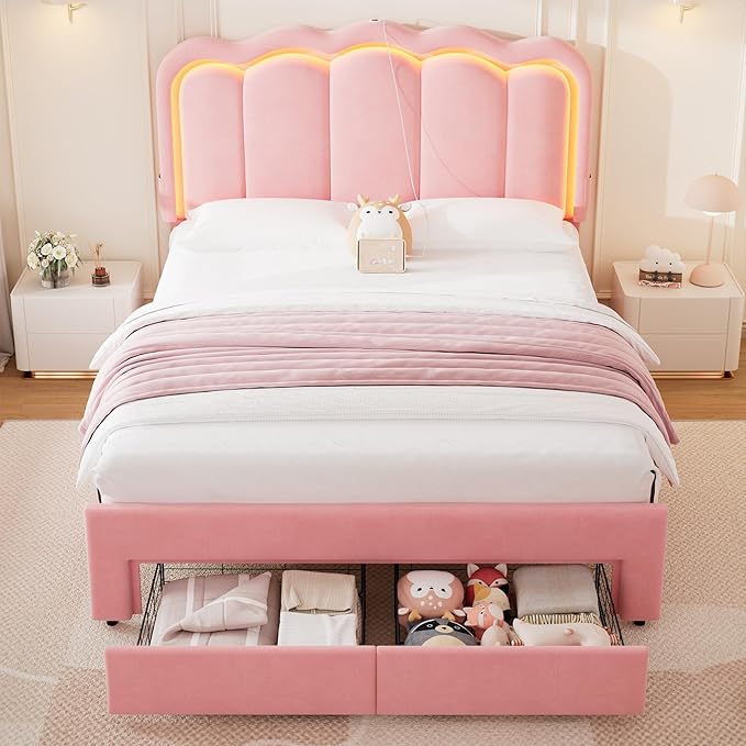 Queen Upholstered LED Bed Frame with 2 Storage Drawers and Adjustable Chic Double Wavy Headboard, Velvet Princess Platform Bed with Charing Station, Solid Wood Slats Support,No Box Spring Needed, Pink