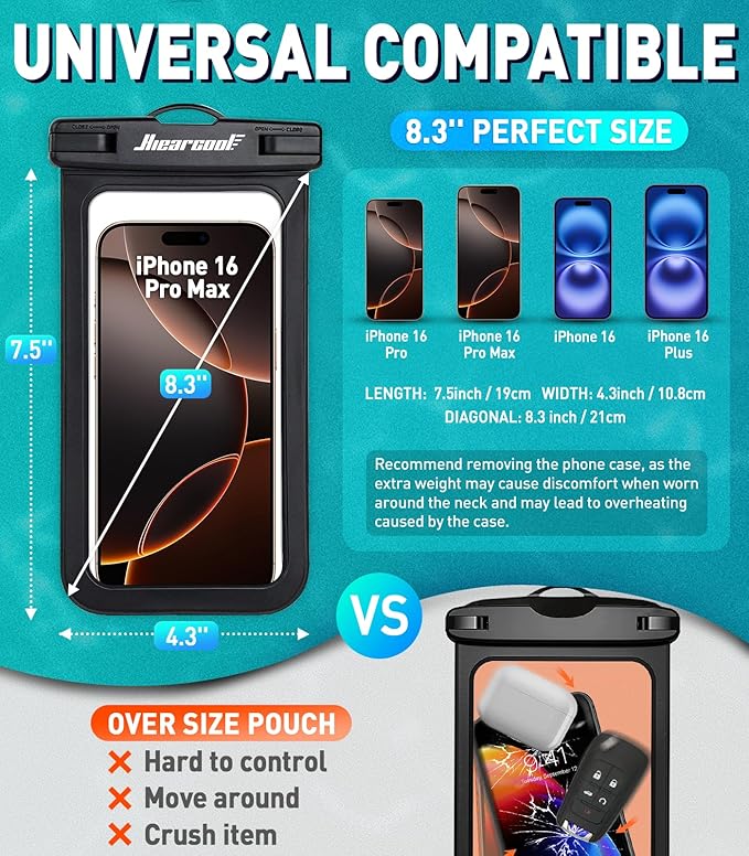 Hiearcool Universal Waterproof Phone Pouch Compatible for iPhone 16 15 14 13 Pro Max Plus Up to 8.3", IPX8 Beach Travel Essentials-Black&Purple-2Pack