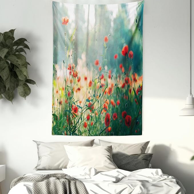 Ambesonne Nature Tapestry Queen Size, Wild Red Poppy Flowers Field Summertime Sunbeams Gardening Bedding Plants, Wall Hanging Bedspread Bed Cover Wall Decor, 88" X 88", Red Green Yellow
