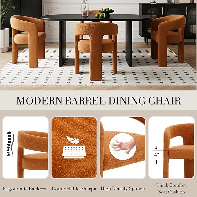 Modern Sherpa Dining Chairs Set of 4, Upholstered Barrel Chairs with Arms Comfy Accent Side Chairs for Living Room/Dining Room/Reception, Terra Cotta