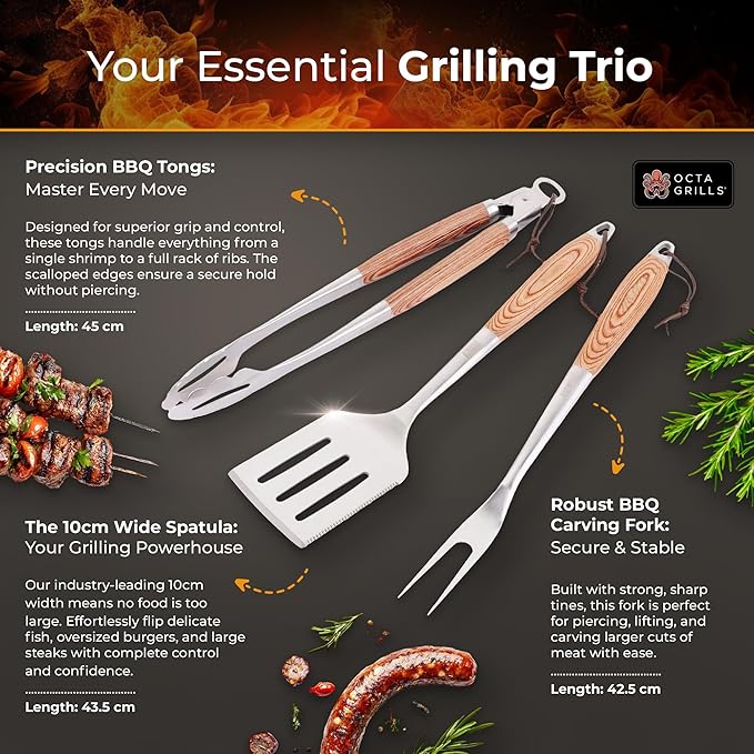 OctaGrills 3-Piece BBQ Utensil Set – Premium Stainless Steel Grill Tools with Extra Wide Spatula - Pakka Wood Handles & Leather Hanging Loops (Spatula, Tongs & Fork)