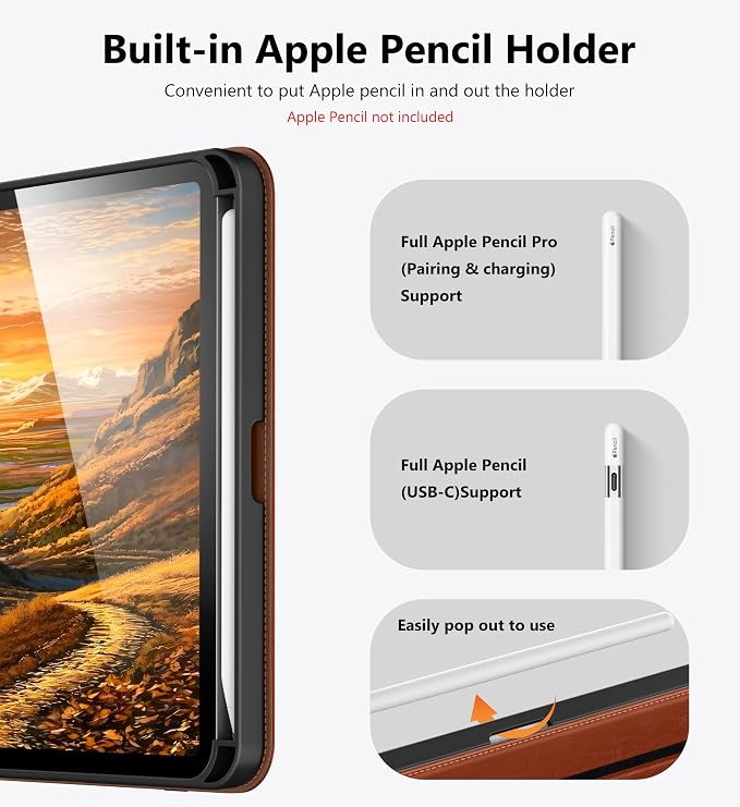 DTTO for iPad mini 7 A17 Pro 2024 aslo fit iPad mini 6 2021 Brown | 360 Degree Rotating Premium Faux Leather Folio Stand Cover with Pencil Holder Auto Sleep/Wake Multiple Angles Hand Strap