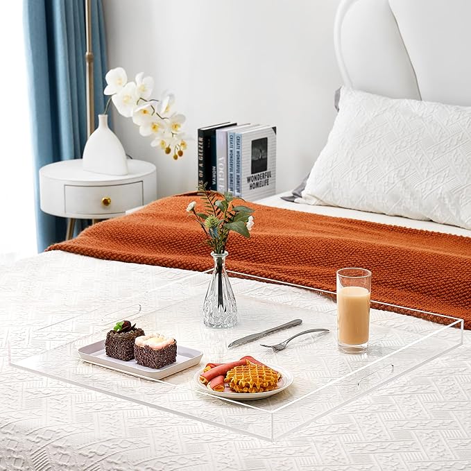 24×24 inches Oversized Clear Acrylic Ottoman Tray Extra Large Decorative Tray Spill-Proof Serving Trays with Handles King-Size Safe Edge Organizer for Coffee Table Countertop Breakfast