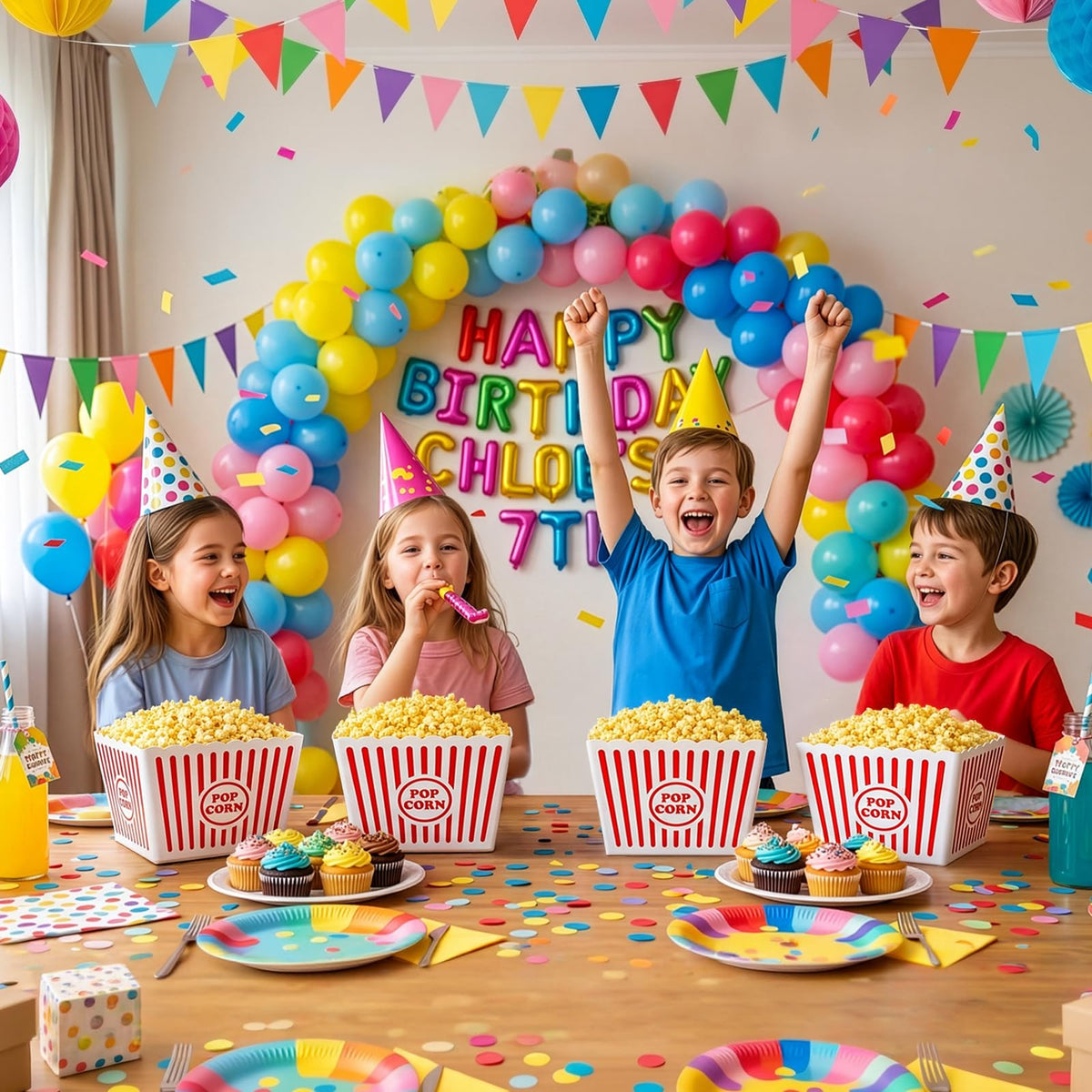 Bekith 6 Pack Plastic Popcorn Buckets Reusable, Large Popcorn Containers for Movie Night, 9" Square x 6" Tall