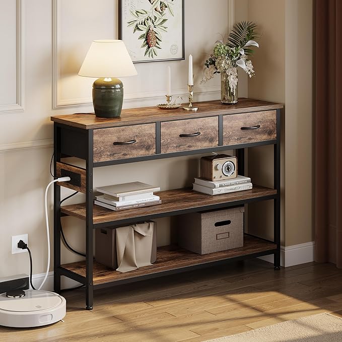 Lulive Entryway Table with Power Outlets, Console Table with 3 Fabric Drawers, Sofa Table for Living Room, Hallway, Couch, Foyer, Height Adjustable (Rustic Brown, 43")