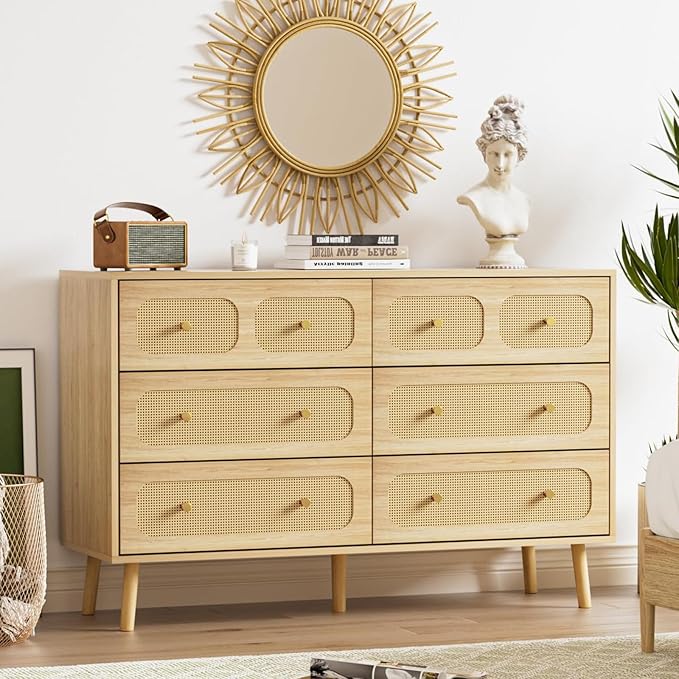 SINROM® Rattan Dresser for Bedroom, Modern 6 Drawer Dresser with Gold Handles, Wood Storage Chest of Drawers for Bedroom, Living Room, Hallway and Entryway, Natural