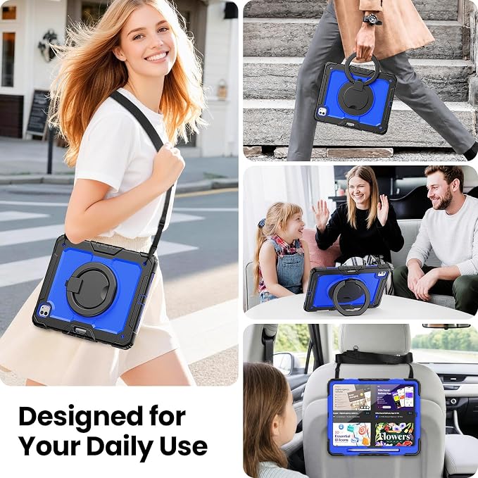 for iPad Pro 11 inch Protective Case M5 2025/M4 2024: Heavy Duty Shockproof Case with Pencil Holder - 360°Rotating Handle/Stand - Screen Protector - Shoulder Strap Black/Sky Blue