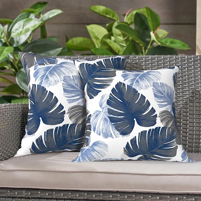 LVTXIII Outdoor Throw Pillow Covers 16 x 16 Inch, Covers ONLY Modern Cute Pattern Decorative Square Toss Pillow Case Pack of 2 for Home Patio Garden Sofa Bed Furniture, Monstera Blue
