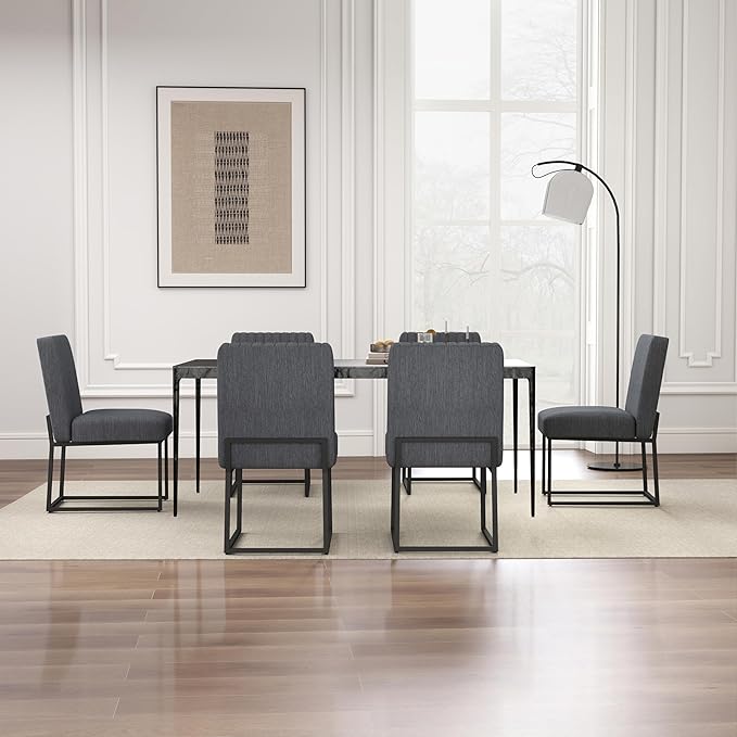VKNOW Upholstered Dining Chairs Set of 6, Modern Dining Room Chairs with Stripe, Linen Kitchen Chair Dinner Chair with Black Metal Base for Kitchen Office, Dark Grey