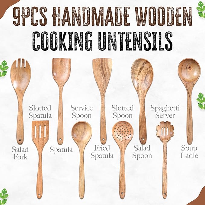 INTAJ Teak Wooden Spoons for Cooking, 9-Piece Handmade Kitchen Utensil Set