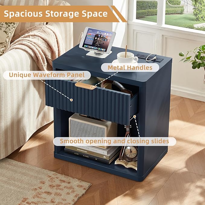 LEYAOYAO Fluted Farmhouse Nightstand Set of 2 with Charging Station, 23" Wide 1 Drawers End Table,Blue Dresser for Bedroom,Bed Side Table Chest of Drawers Cabinet,Wood Night Stand for Living Room