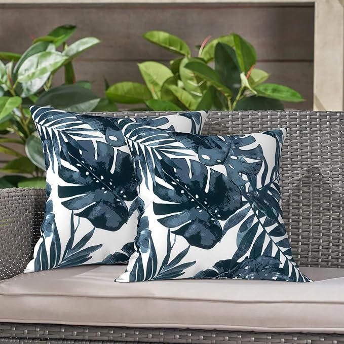 LVTXIII Outdoor Accent Patio Toss Pillow Covers, Covers ONLY Tropical Throw Pillow Case Sham, Square Cushion Covers for Indoor Outdoor Use 2 Pack, 18" x18" – Palm Blue